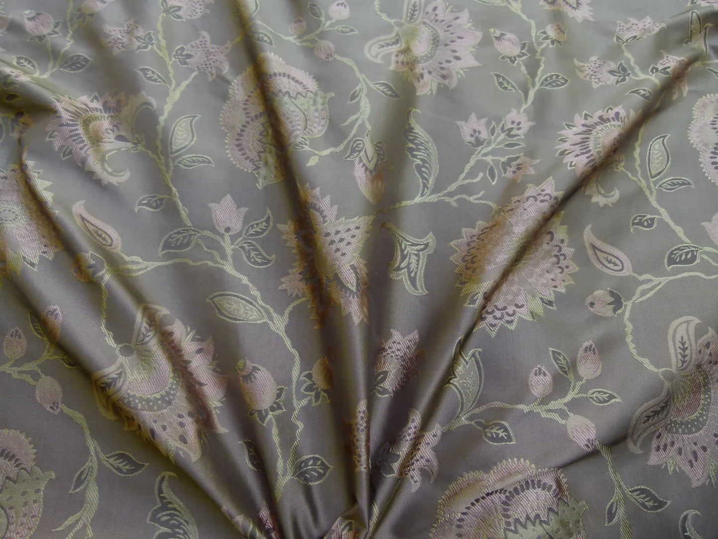 Earthly Beauty 100% Silk Lampas Jacobean Floral Tobacco Golden Brown Pink Flower Carnation Rose Tree of Life Pomegranate