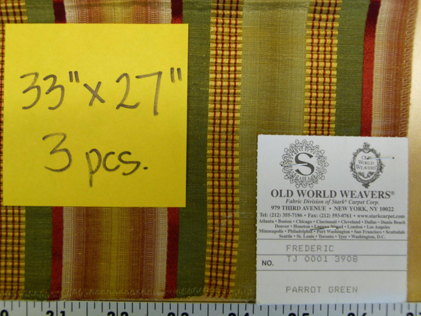 2 EV29 Scalamandre Old World Weavers Frederic Parrot Green Stripe 3 Pieces 33"x27"