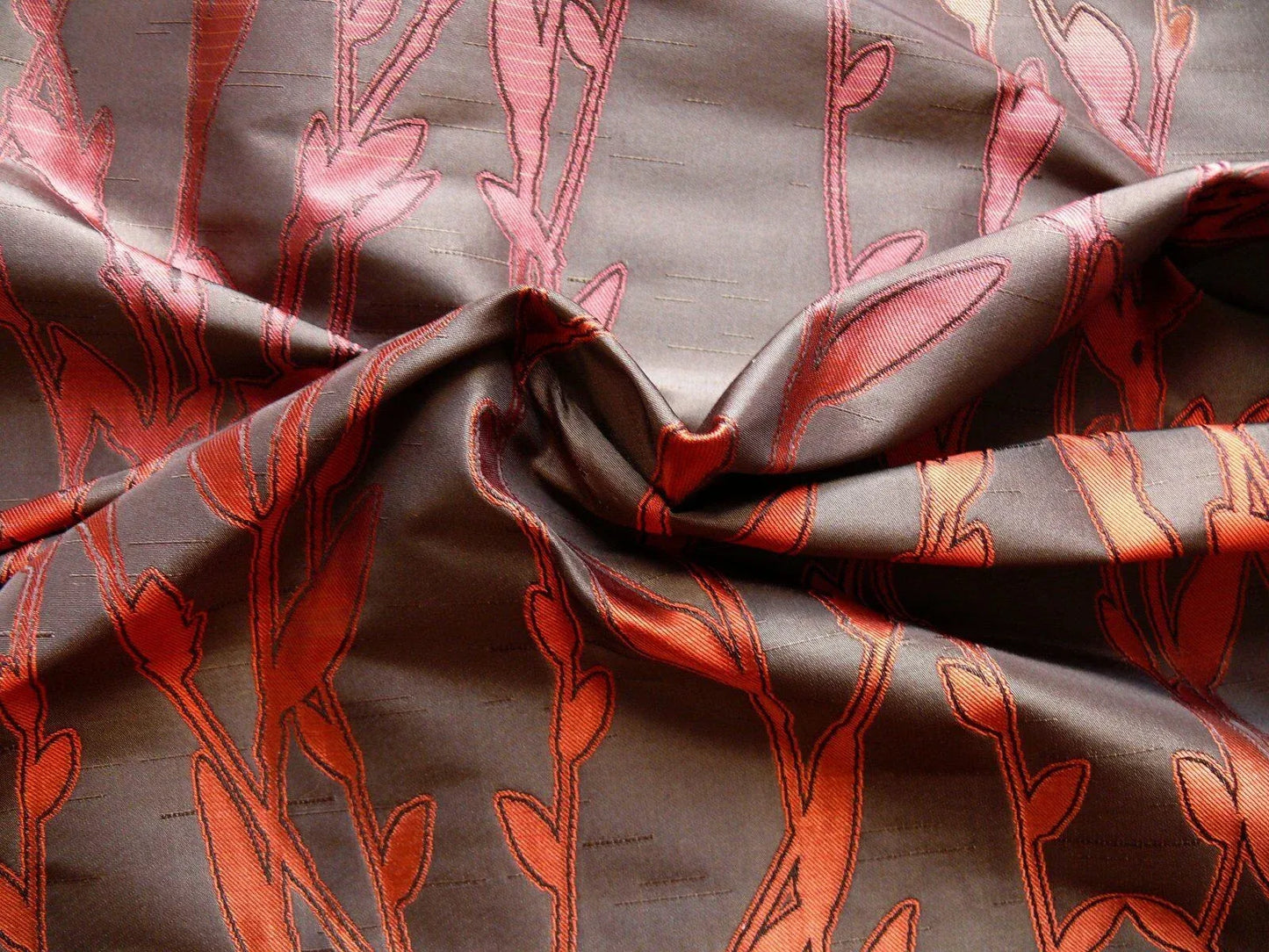 By Yard Heavy! 100%silk Lampas Pussy Willow Tree Navaho Red Brown 676navaho