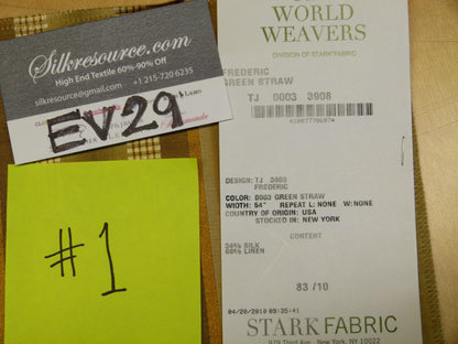 3 EV29 Scalamandre Old World Weavers Frederic Green Straw Silk Linen Beige Stripe 3 Pieces 26"x27"