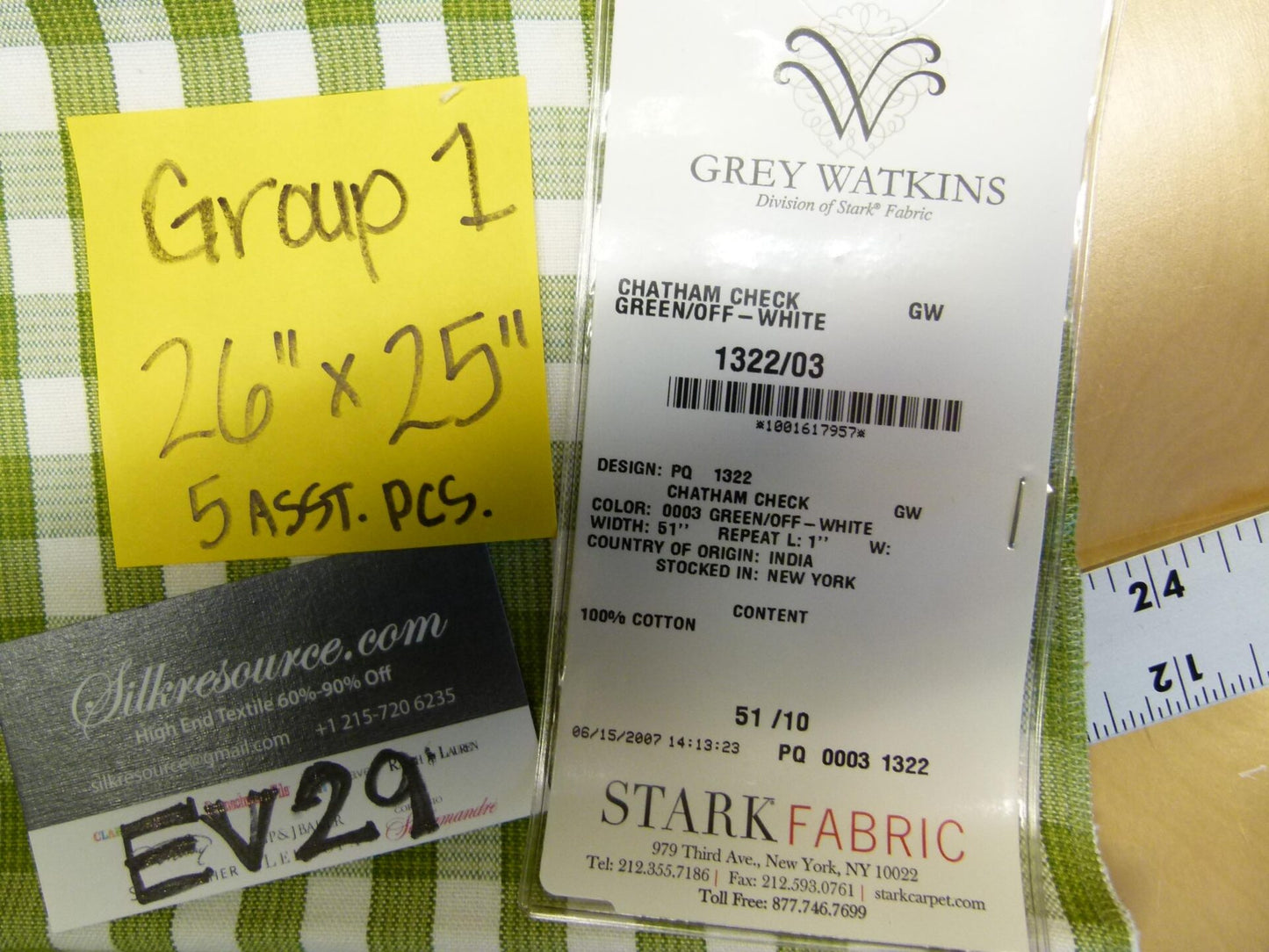 4 EV29 Scalamandre Grey Watkins Chatham Check Green/Off-White Cotton 5 Pieces Assorted Colors 26"x25"