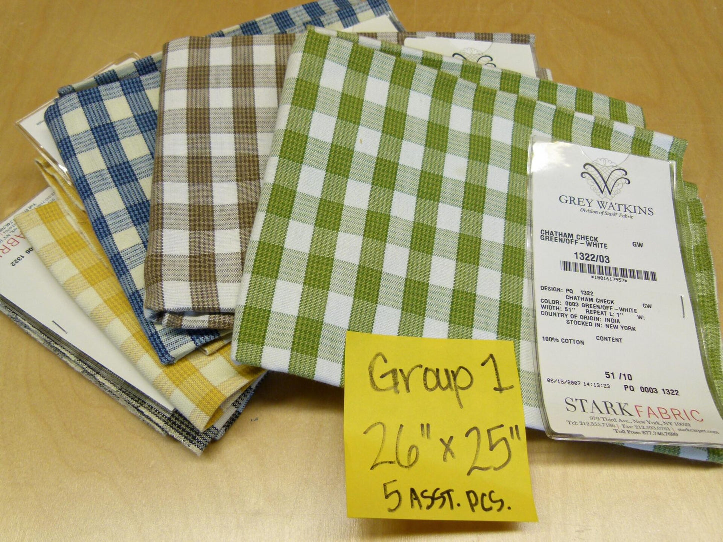 4 EV29 Scalamandre Grey Watkins Chatham Check Green/Off-White Cotton 5 Pieces Assorted Colors 26"x25"