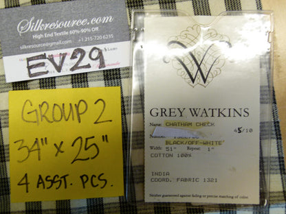 5 EV29 Scalamandre Grey Watkins Chatham Check Green/Off-White Cotton 4 Assorted Pieces 34"x25"