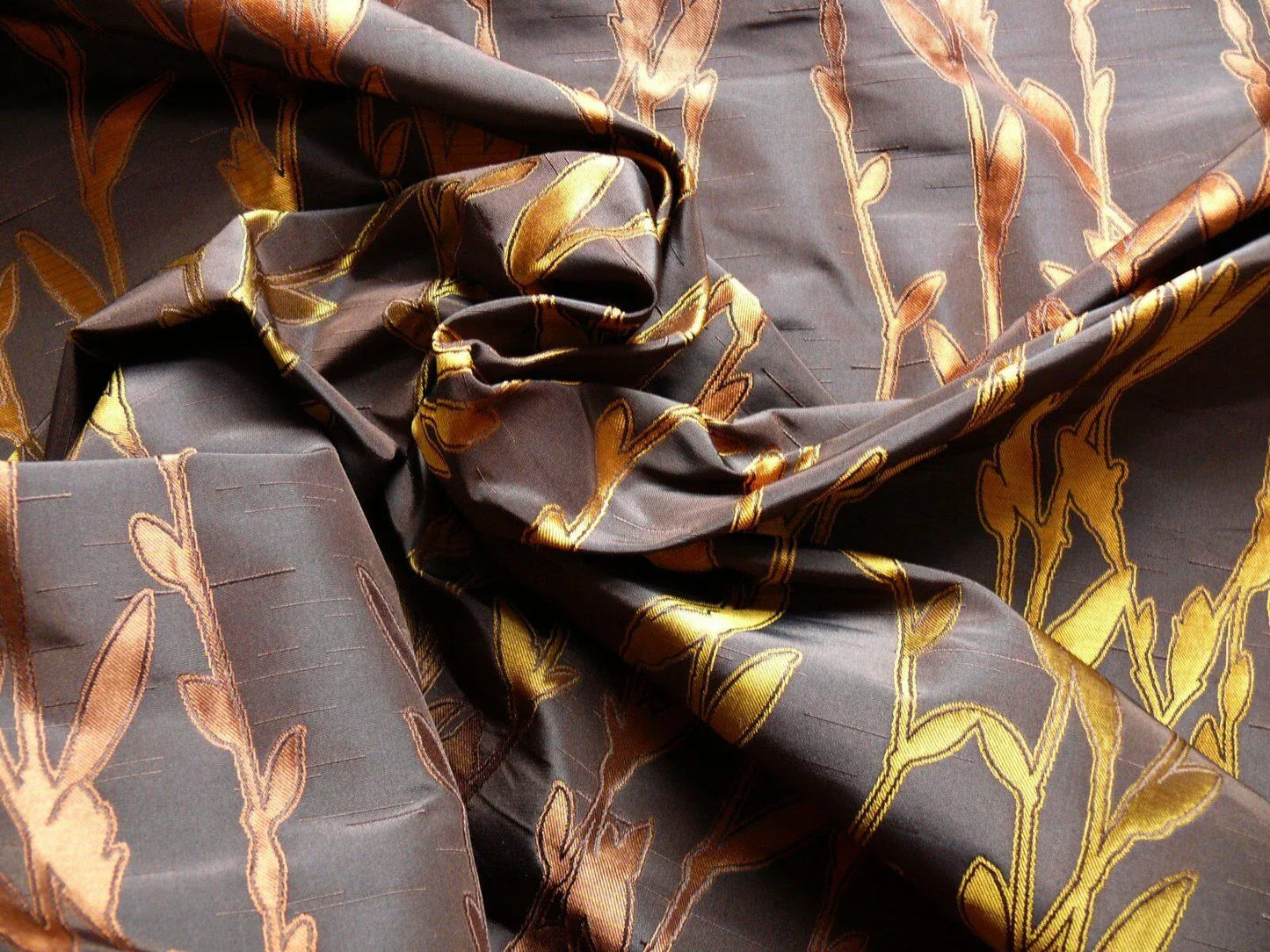 By Yard Heavy! 100%silk Lampas Pussy Willow Tree Branch Gold Brown