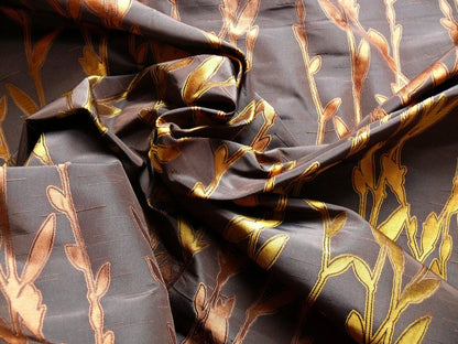 By Yard Heavy! 100%silk Lampas Pussy Willow Tree Branch Gold Brown