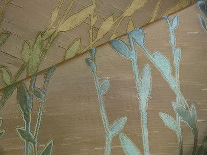 By Yard Heavy! 100%silk Lampas Pussy Willow Tree Julep Brown Gold Blue