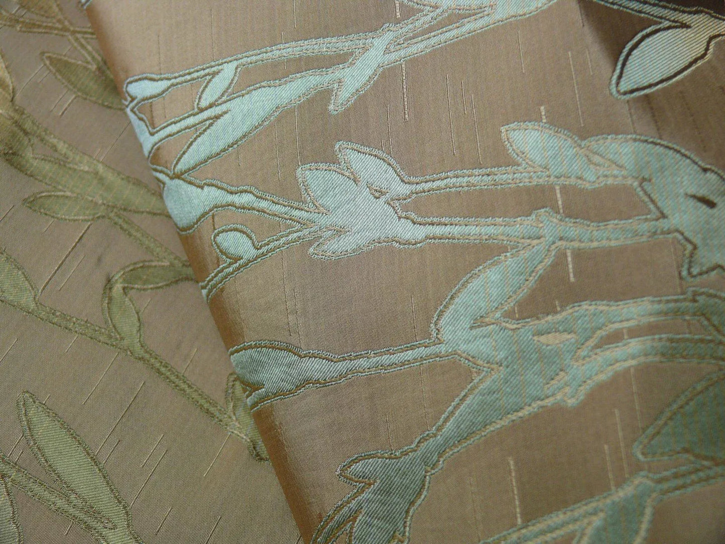 By Yard Heavy! 100%silk Lampas Pussy Willow Tree Julep Brown Gold Blue
