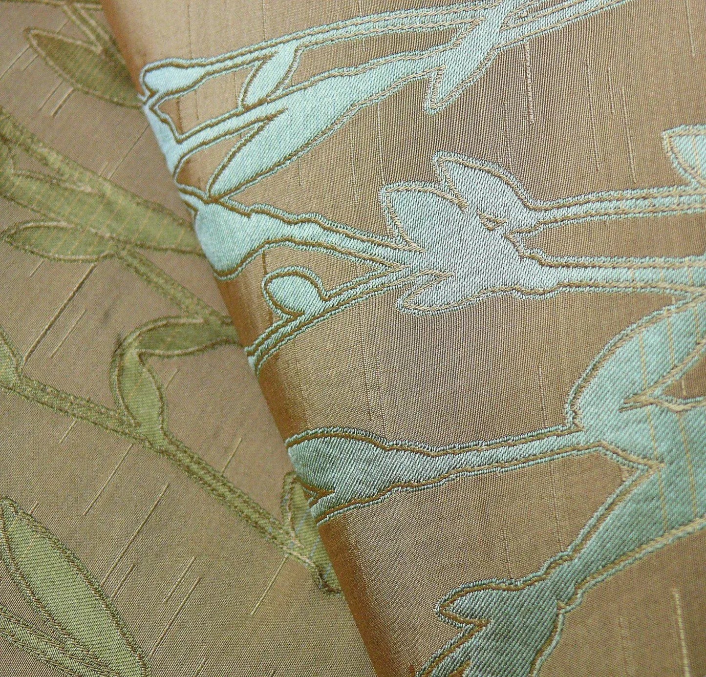 By Yard Heavy! 100%silk Lampas Pussy Willow Tree Julep Brown Gold Blue