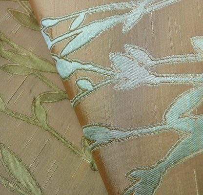 By Yard Heavy! 100%silk Lampas Pussy Willow Tree Julep Brown Gold Blue