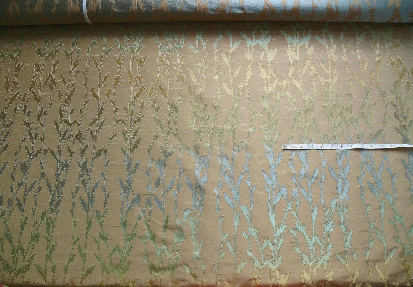 By Yard Heavy! 100%silk Lampas Pussy Willow Tree Julep Brown Gold Blue