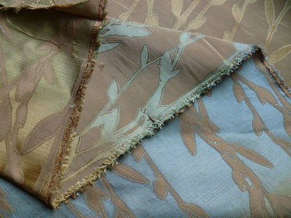By Yard Heavy! 100%silk Lampas Pussy Willow Tree Julep Brown Gold Blue