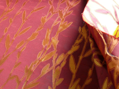 By Yard Heavy! 100%silk Lampas Pussy Willow Tree Crimson Deep Red Gold 676crimson