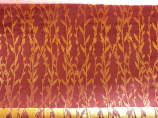 By Yard Heavy! 100%silk Lampas Pussy Willow Tree Crimson Deep Red Gold 676crimson