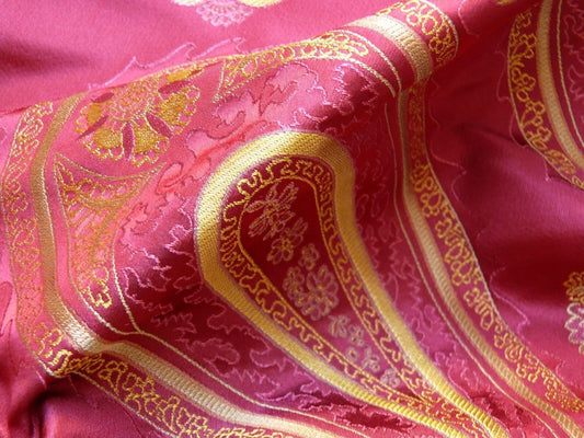 BY Yard Stunning 100% Silk Lampas Jacquard Fire Flame Edged Paisley "lacquer" Gold Red