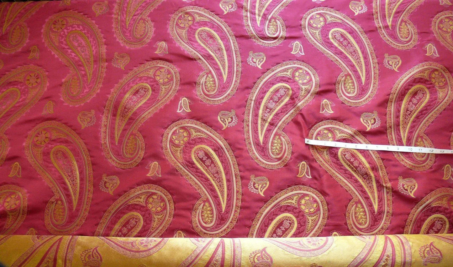 BY Yard Stunning 100% Silk Lampas Jacquard Fire Flame Edged Paisley "lacquer" Gold Red