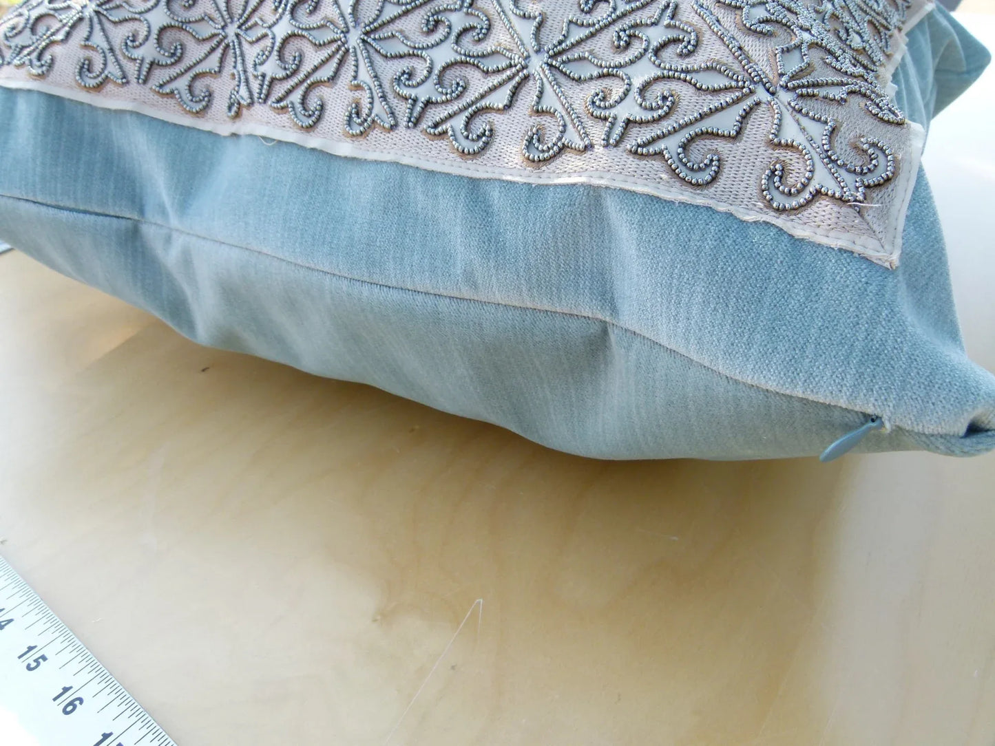 Scalamandre Pillow Case MET Saxony Square Strie Velvet Light Blue Damask Plains Texture 22x22 inches MSRP USD 978/y