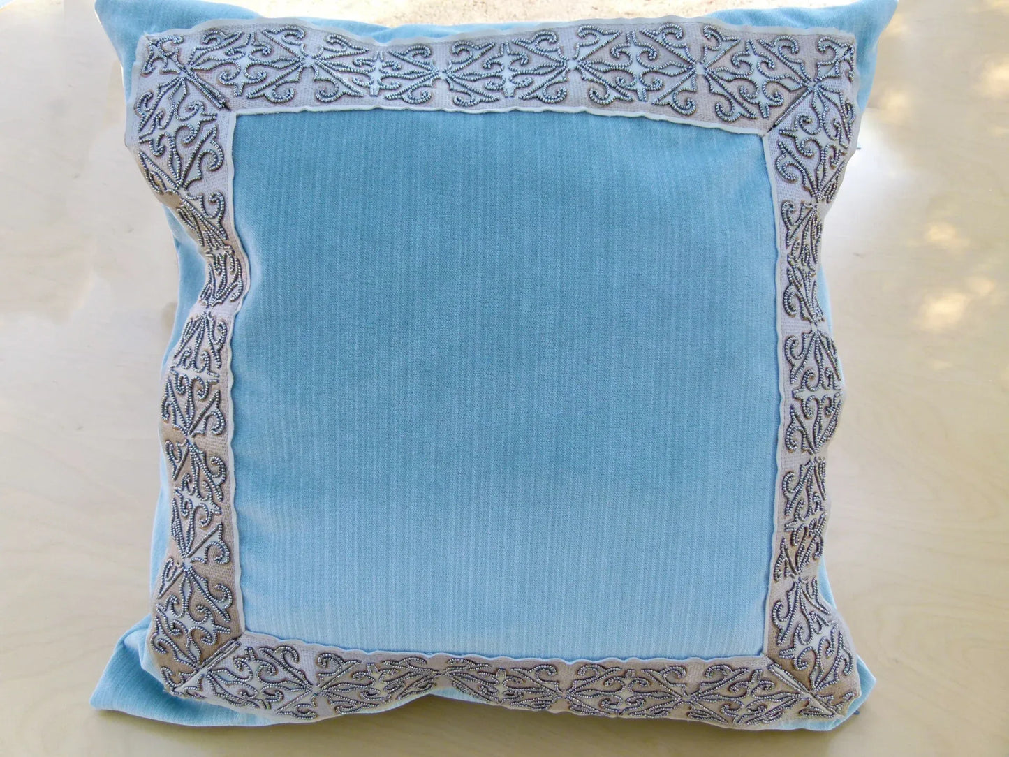 Scalamandre Pillow Case MET Saxony Square Strie Velvet Light Blue Damask Plains Texture 22x22 inches MSRP USD 978/y