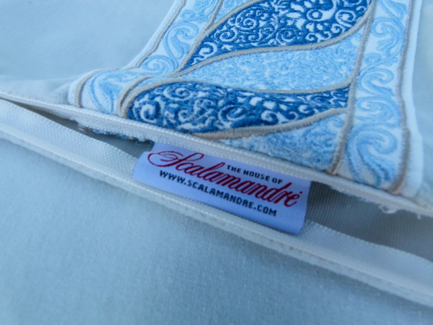 Scalamandre Pillow Case MET Paisley Embroidery  Square Silk Velvet White Blue Plain Solid 22x22 inches MSRP USD 678/y