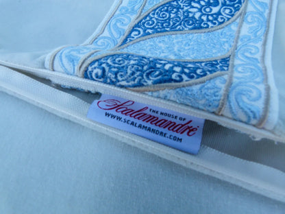 Scalamandre Pillow Case MET Paisley Embroidery  Square Silk Velvet White Blue Plain Solid 22x22 inches MSRP USD 678/y