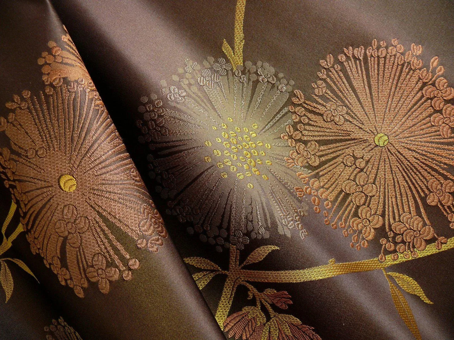 Stunner! 100% Silk Lampas Satin Mod Branch Tree "Coffee" Brown Orange Gold Bty