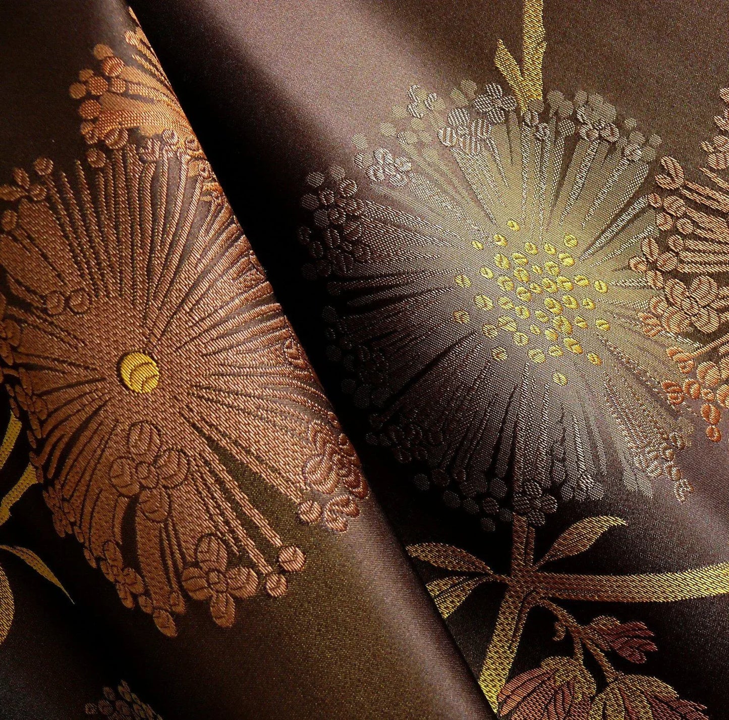 Stunner! 100% Silk Lampas Satin Mod Branch Tree "Coffee" Brown Orange Gold Bty