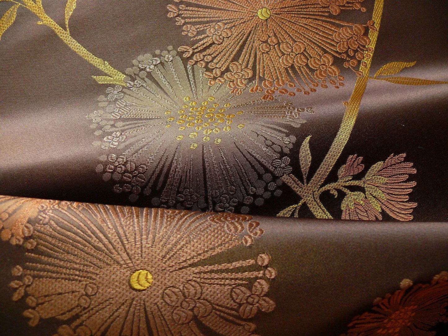 Stunner! 100% Silk Lampas Satin Mod Branch Tree "Coffee" Brown Orange Gold Bty