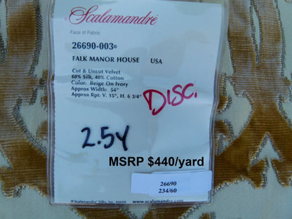 Scalamandre Length 2.5Y Falk Manor House Beige Velvet Silk Velvet Botanical Foliage MSRP USD 498/y