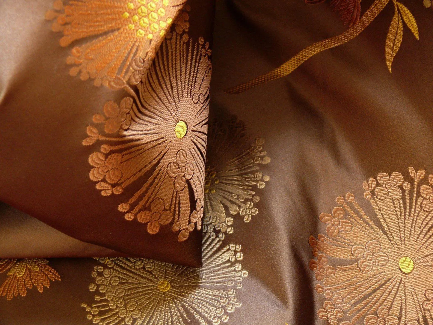 Stunner! 100% Silk Lampas Satin Mod Branch Tree "Coffee" Brown Orange Gold Bty