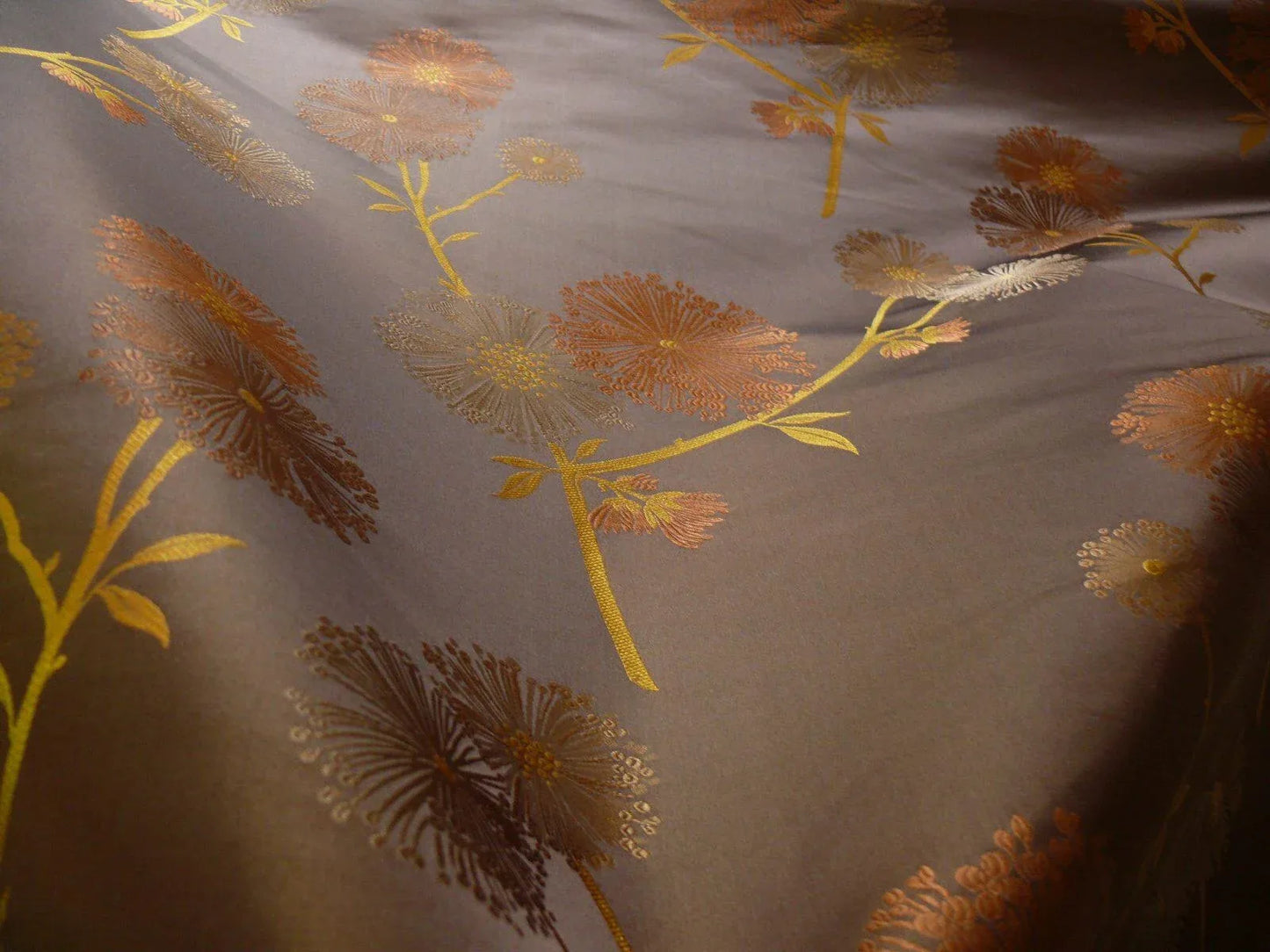 Stunner! 100% Silk Lampas Satin Mod Branch Tree "Coffee" Brown Orange Gold Bty