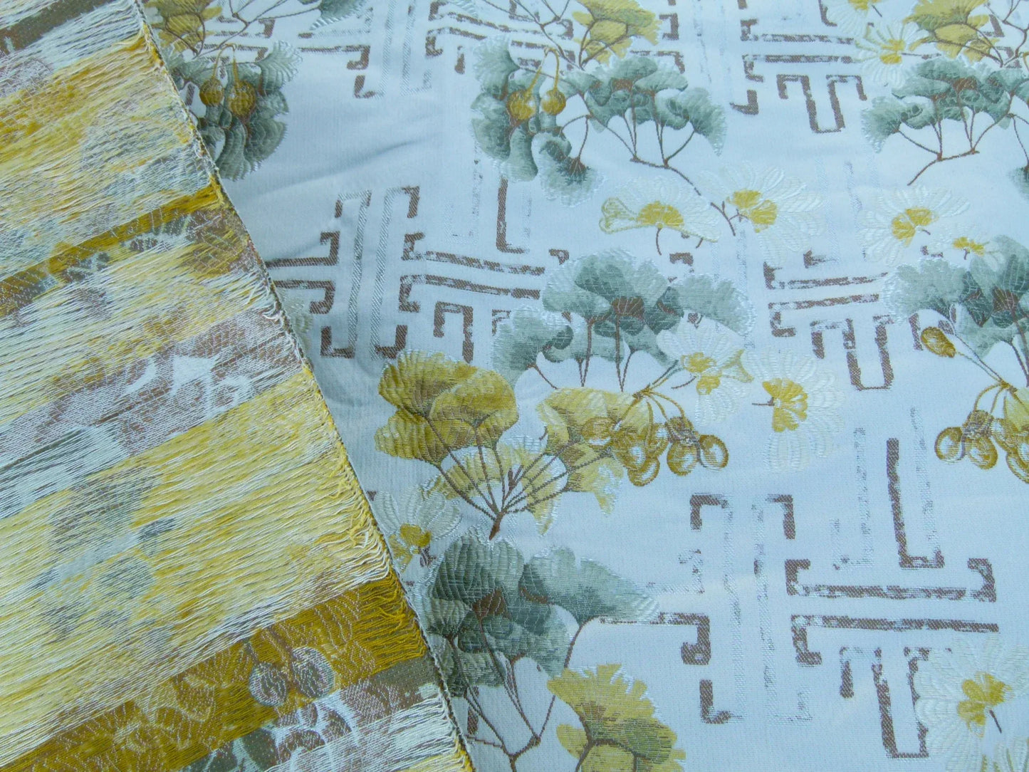 Scalamandre Colony Length 2.5Y Ginkgo Biscuit Chinoiserie Tree Floral White Yellow Tree Foliage and Nuts MSRP USD 470/y