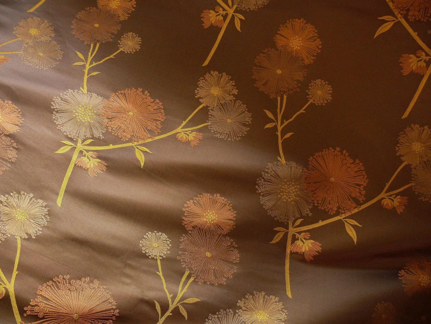 Stunner! 100% Silk Lampas Satin Mod Branch Tree "Coffee" Brown Orange Gold Bty