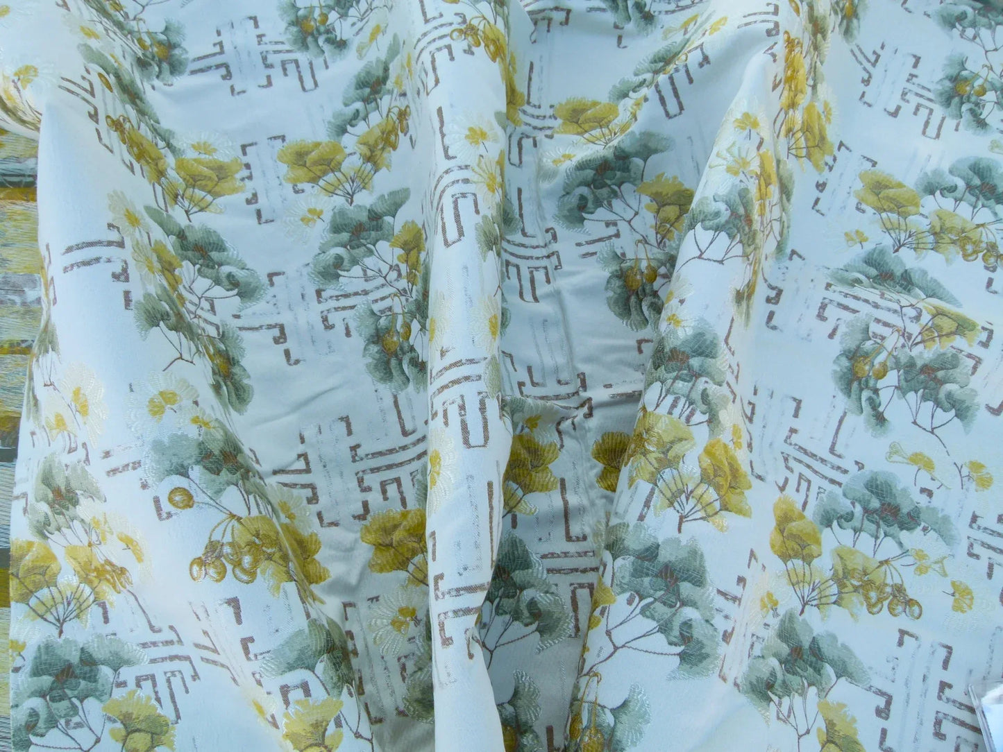 Scalamandre Colony Length 2.5Y Ginkgo Biscuit Chinoiserie Tree Floral White Yellow Tree Foliage and Nuts MSRP USD 470/y