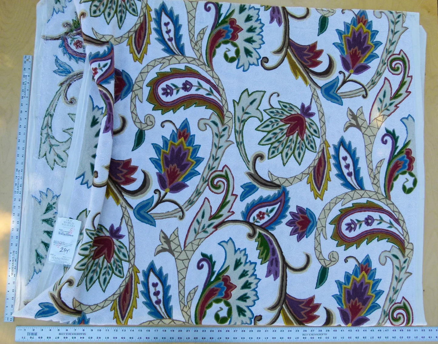 Scalamandre Length 2.5Y Mitra Teal/Plum/Brick on White Crewel Wool on Cotton Embroidery MSRP USD 500+/y