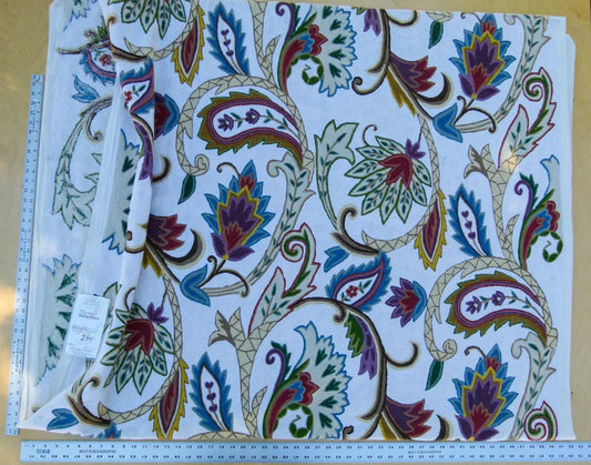 Scalamandre Length 2.5Y Mitra Teal/Plum/Brick on White Crewel Wool on Cotton Embroidery MSRP USD 500+/y