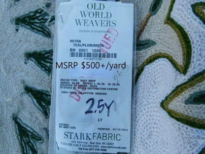 Scalamandre Length 2.5Y Mitra Teal/Plum/Brick on White Crewel Wool on Cotton Embroidery MSRP USD 500+/y
