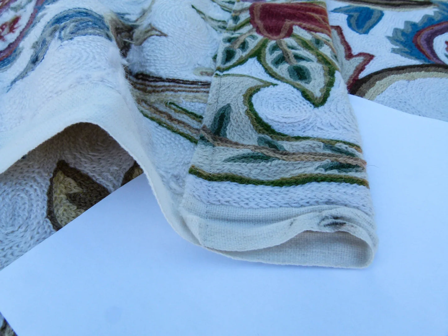 Scalamandre Length 2.5Y Mitra Teal/Plum/Brick on White Crewel Wool on Cotton Embroidery MSRP USD 500+/y