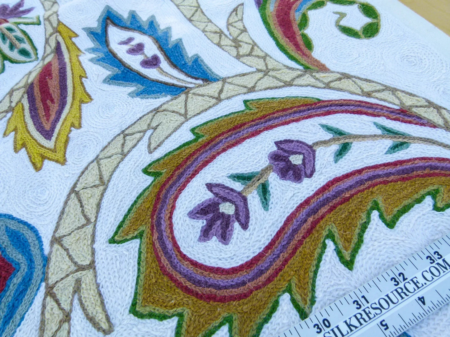 Scalamandre Length 2.5Y Mitra Teal/Plum/Brick on White Crewel Wool on Cotton Embroidery MSRP USD 500+/y