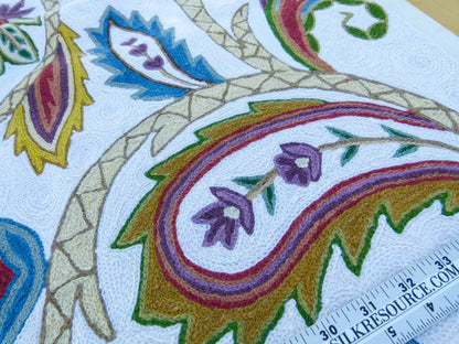 Scalamandre Length 2.5Y Mitra Teal/Plum/Brick on White Crewel Wool on Cotton Embroidery MSRP USD 500+/y