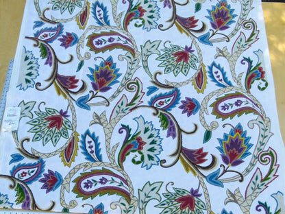 Scalamandre Length 2.5Y Mitra Teal/Plum/Brick on White Crewel Wool on Cotton Embroidery MSRP USD 500+/y