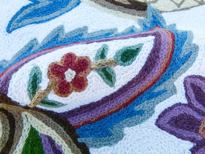 Scalamandre Length 2.5Y Mitra Teal/Plum/Brick on White Crewel Wool on Cotton Embroidery MSRP USD 500+/y