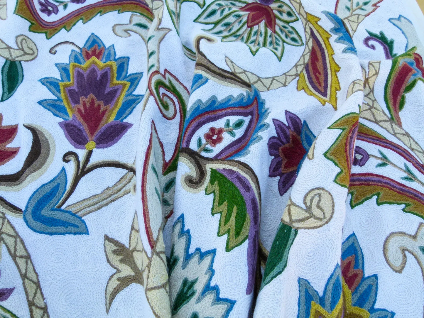 Scalamandre Length 2.5Y Mitra Teal/Plum/Brick on White Crewel Wool on Cotton Embroidery MSRP USD 500+/y