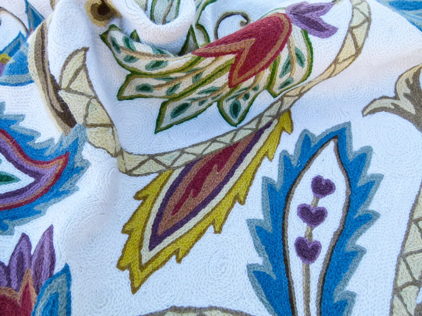 Scalamandre Length 2.5Y Mitra Teal/Plum/Brick on White Crewel Wool on Cotton Embroidery MSRP USD 500+/y