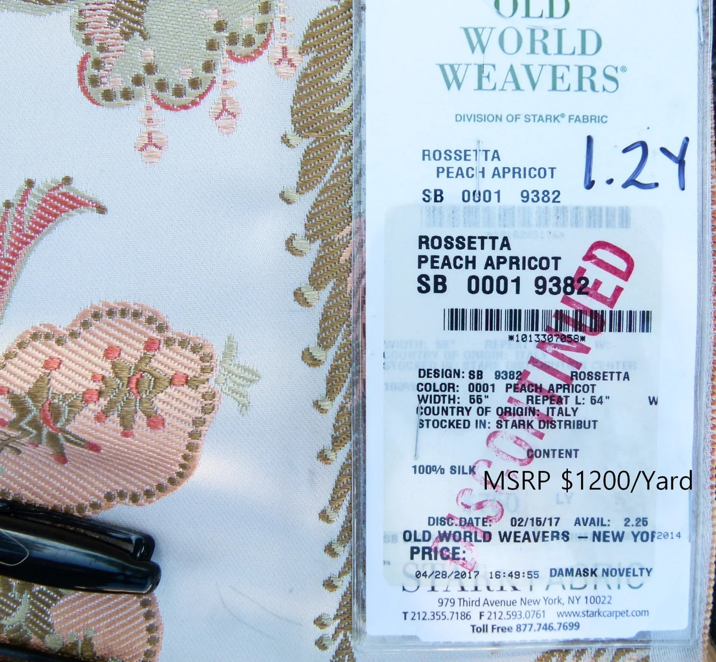 Scalamandre Length 1.2Y Rossetta Peach Apricot on White Silk Damask Novelty MSRP USD 1200+/y