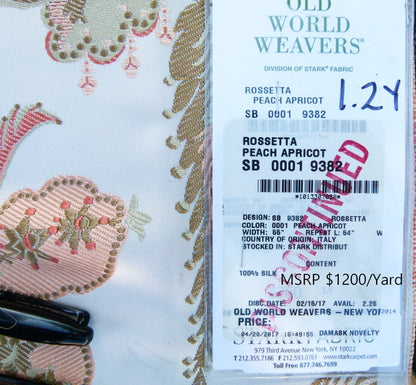 Scalamandre Length 1.2Y Rossetta Peach Apricot on White Silk Damask Novelty MSRP USD 1200+/y