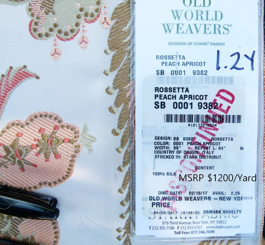 Scalamandre Length 1.2Y Rossetta Peach Apricot on White Silk Damask Novelty MSRP USD 1200+/y