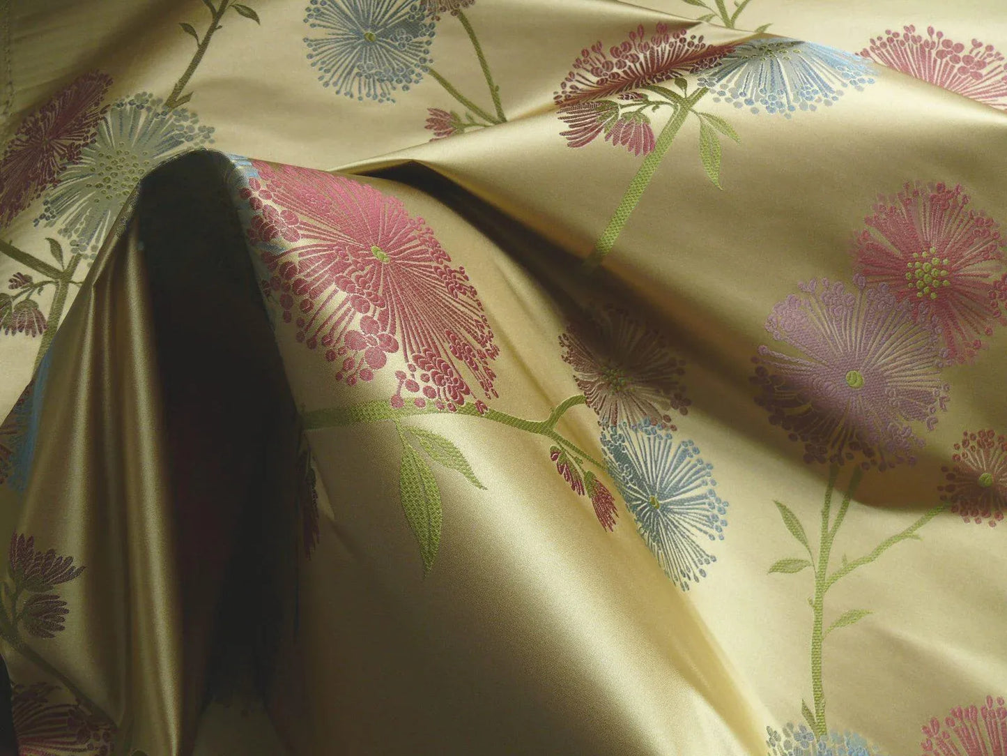 Stunner! 100% Silk Lampas Satin Mod Branch Tree "Garden" Blue Pink Gold Bty