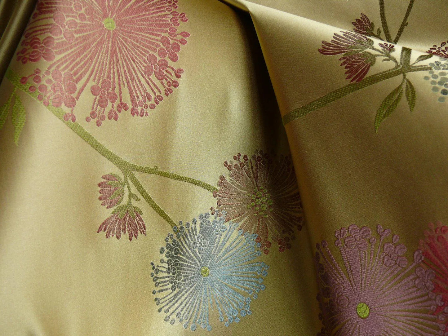 Stunner! 100% Silk Lampas Satin Mod Branch Tree "Garden" Blue Pink Gold Bty