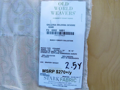 Scalamandre Length 2.5y Galleria Colonna Devore Sand Sheer White MSRP USD 270+/yard