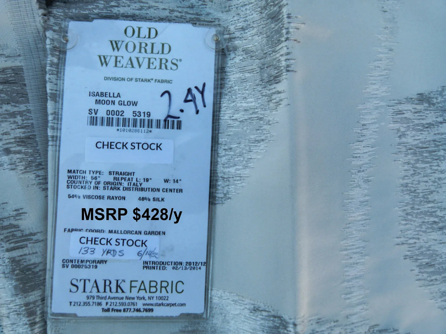 Scalamandre Length 2.4y Isabella Moon Glow White Gray Foliage Silk Contemporary MSRP USD 428/y