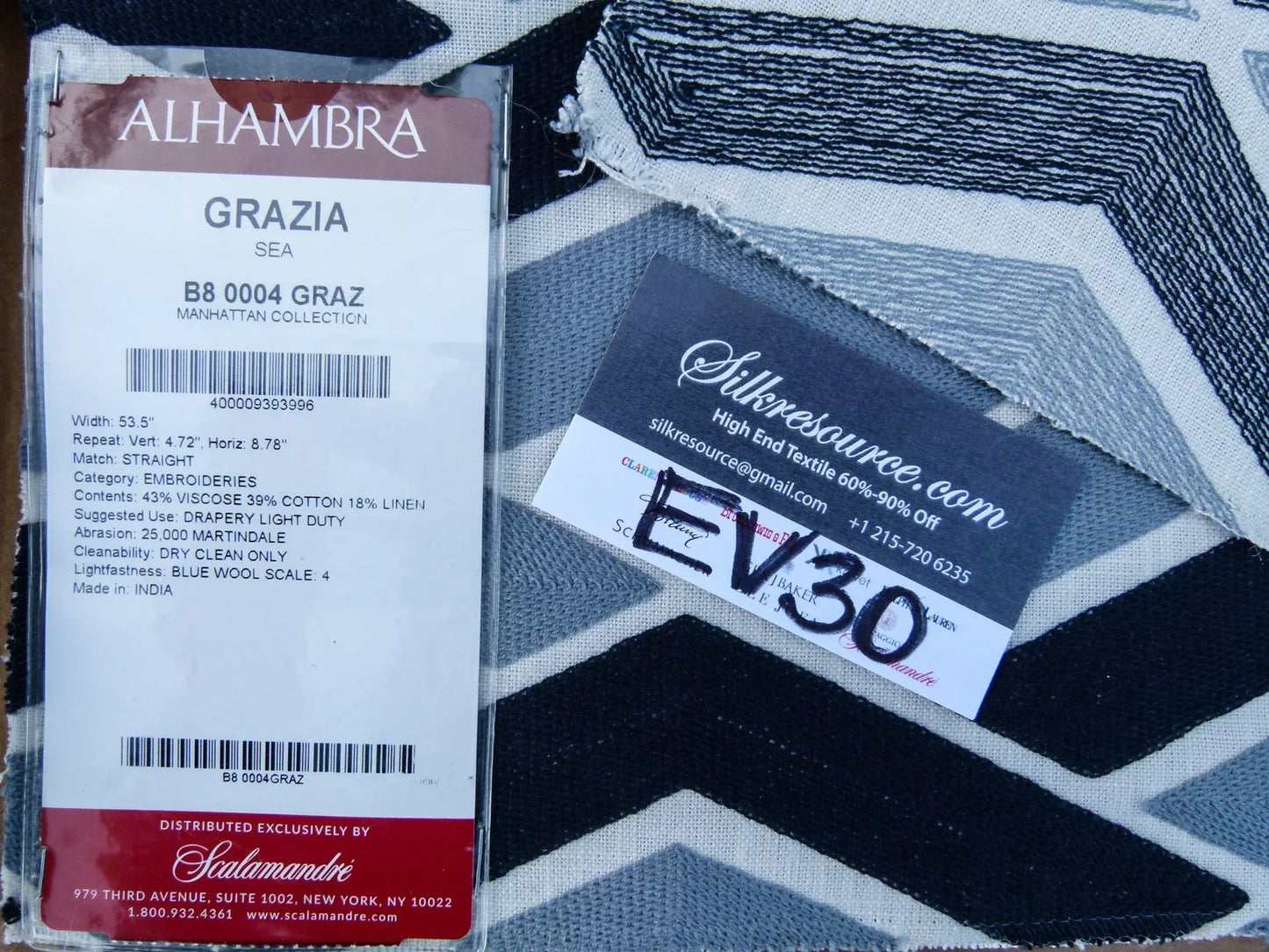 4 EV30 26"x26" Scalamandre Alhambra Grazia Sea Black Gray Geometric Embroidery MSRP USD300+/y